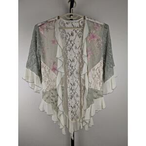 Spencer Alexis Kimono Jacket Sheer Lace Floral Ruffle Boho Fairy fits XL